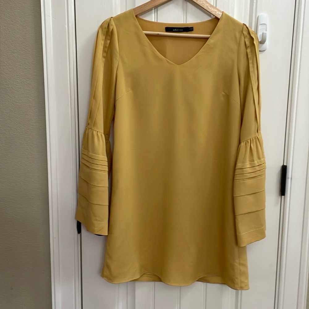 ARK & CO mustard yellow dress with layered flutter sleeve.